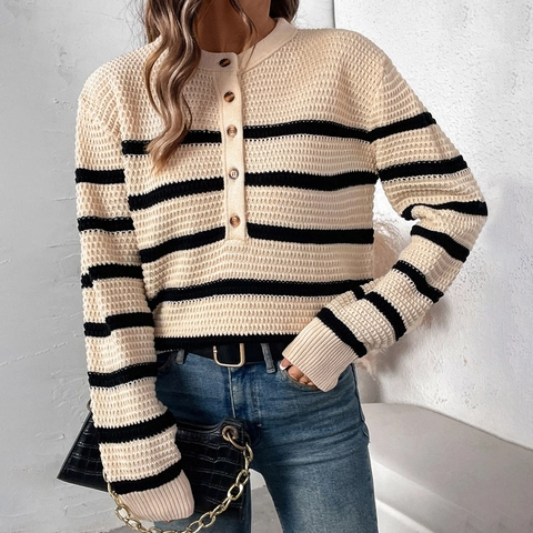 Suéter a Rayas de Punto Gofre para Mujer Casual Retro Holgado Cuello Henley Manga Larga Pullover con Botones Otoño Invierno