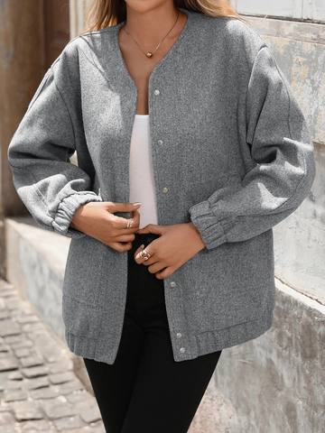 Women Casual Grey Polyester Button Up Jacket Loose Oversized Solid Textured Long Sleeve Top Outerwear With Large Pockets