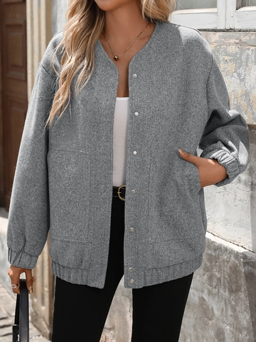 Women Casual Grey Polyester Button Up Jacket Loose Oversized Solid Textured Long Sleeve Top Outerwear With Large Pockets