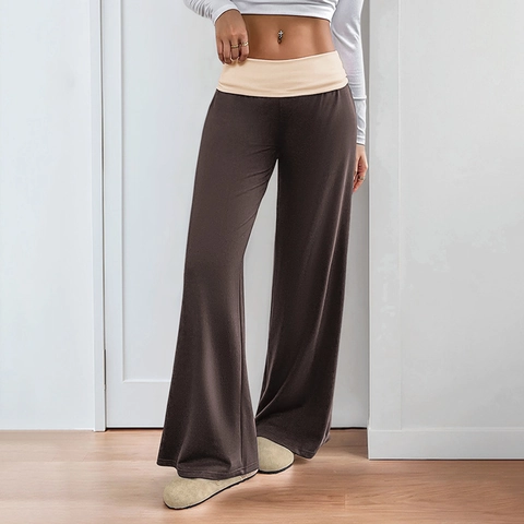 Γυναικείο Casual Colorblock Διπλωμένη Ψηλή Μέση Παντελόνι με Φαρδύ Μπατζάκι Πολυεστέρας Πλεκτό Μαλακό Παντελόνι Φόρμας για Γιόγκα
