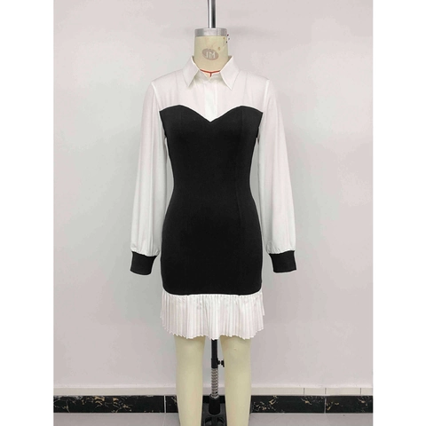 Women Long Sleeve Color Block Shirt Dress Elegant Pleated Mini Dress For Office Casual Patchwork Contrast Short Skirt