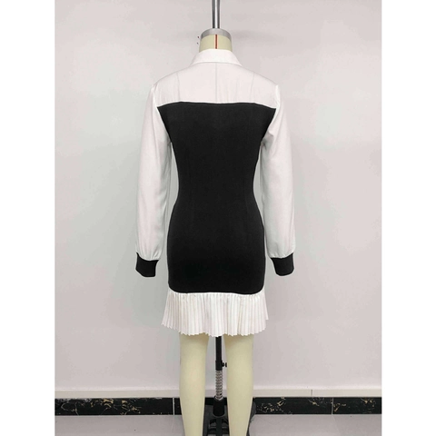 Women Long Sleeve Color Block Shirt Dress Elegant Pleated Mini Dress For Office Casual Patchwork Contrast Short Skirt