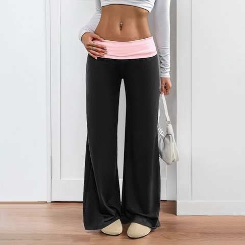 Pantaloni Donna Casual Colorblock a Vita Bassa a Gamba Larga Cintura Ripiegabile a Contrasto Yoga Lounge Flare Pantaloni in Maglia