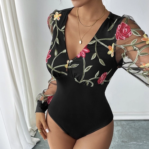 Γυναικείο Sexy Bodysuit με Λαιμόκοψη V και Μακρύ Μανίκι Vintage Κέντημα Λουλουδιών Πλέγμα Στενή Γραμμή Jumpsuit Party Clubwear Top