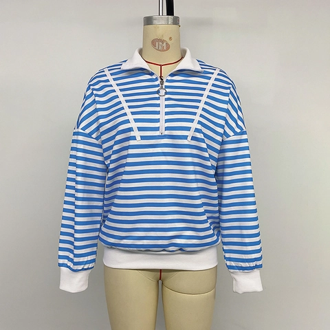Women Vintage Striped Long Sleeve Sweatshirt Polo Collar Half Zip Pullover Casual Loose Autumn Winter Top Sweatshirt