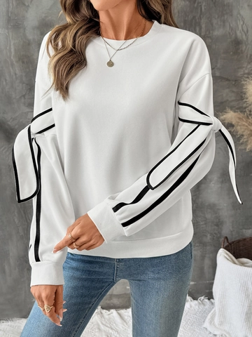 Women's Casual Round Neck Sweatshirt Contrast Bow Sleeve Design Pullover Loose Long Sleeve Fall Top For Daily Comfort