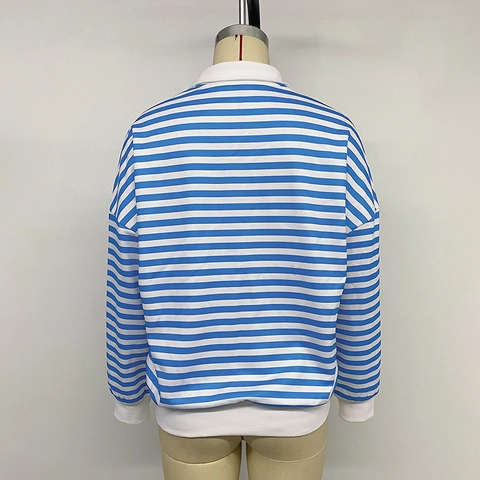 Women Vintage Striped Long Sleeve Sweatshirt Polo Collar Half Zip Pullover Casual Loose Autumn Winter Top Sweatshirt