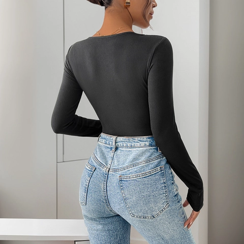 Elegant Contrast Binding Ribbed Knit Bodysuit For Women Square Neck Long Sleeve Slim Fit Patchwork Base Layer Jumpsuit Top