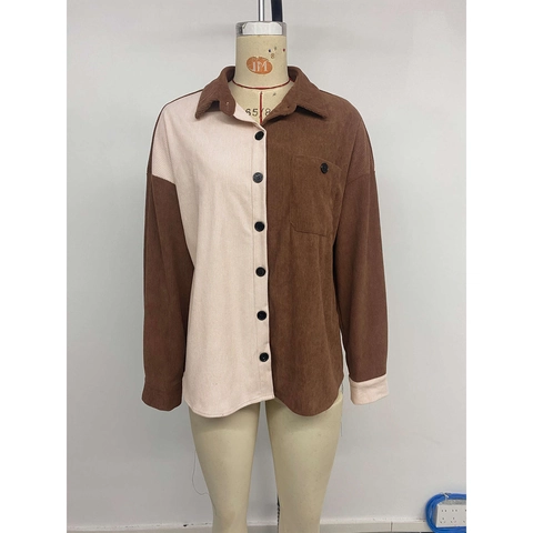 Camicia in Velluto a Coste Vintage da Donna Blocchi di Colore Manica Lunga Blusa Casual Larga Patchwork Colletto Caldo