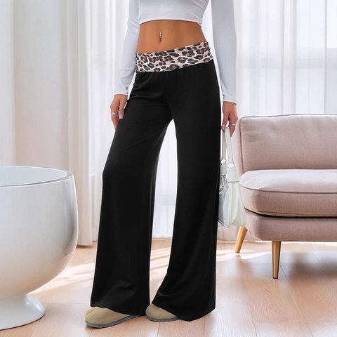 Pantalons Large Patchwork Léopard pour Femmes Taille Haute Rabattue Pantalons Longs Décontractés Automne Streetwear Mode Bas