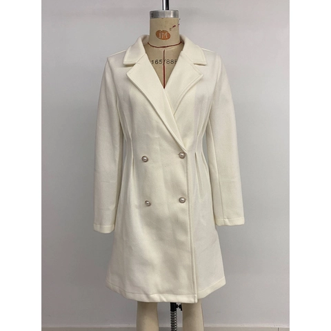 Elegante Abrigo de Lana con Doble Botonadura para Mujer Color Sólido Cuello de Traje Manga Larga Ajustado Abrigo de Longitud Media