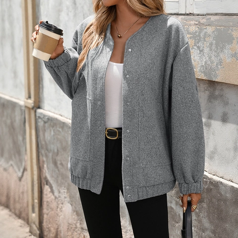 Chaqueta Casual Holgada Para Mujer Con Cuello Alto Abrigo De Manga Larga De Color Sólido Con Bolsillos Para Otoño Invierno