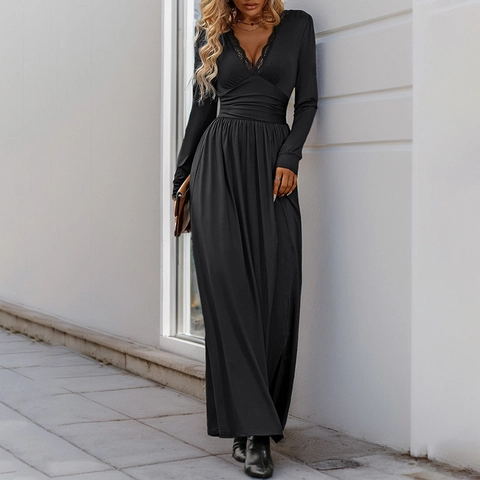 Elegante Vestido Maxi de Mujer Con Cuello en V Y Encaje Manga Larga Cintura Alta Abertura Lateral Vestido de Fiesta