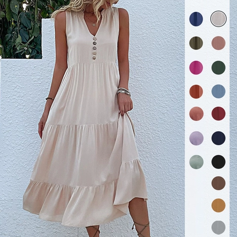 Women Casual V Neck Sleeveless Tiered Maxi Dress Solid Color Button Front Loose Fit Boho Summer Beach Dress