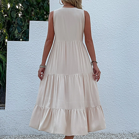 Women Casual V Neck Sleeveless Tiered Maxi Dress Solid Color Button Front Loose Fit Boho Summer Beach Dress