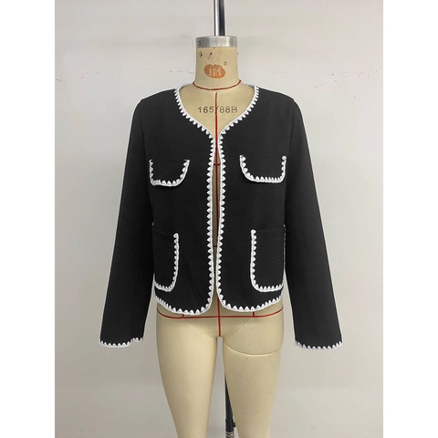 Elegant Women Black Xiaoxiangfeng Style Jacket Contrast White Scalloped Trim Long Sleeve V Neck Cardigan Outerwear Top