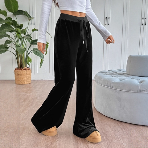 Damen Casual Hohe Taille Samt Schlaghose Einfarbig Schwarz Kordelzug Weites Bein Hose Locker Bequem Weich Herbst Unterteil