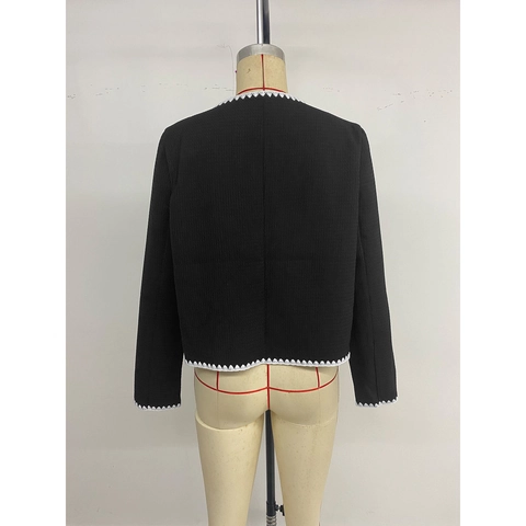 Elegant Women Black Xiaoxiangfeng Style Jacket Contrast White Scalloped Trim Long Sleeve V Neck Cardigan Outerwear Top