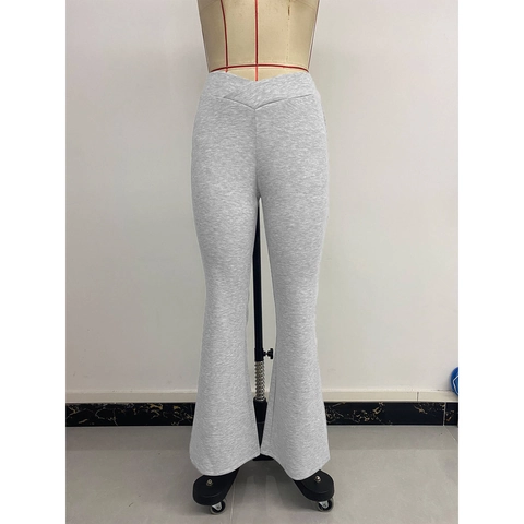 Dames Casual Micro Flare Broek Gekruiste V-Taille Slim Fit Hoge Stretch Gemêleerd Grijs Gebreide Lange Broek Yoga Leggings
