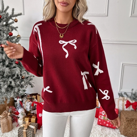 Jersey de Punto Jacquard con Lazo para Mujer Cuello Redondo Manga Larga Festivo Invierno Cálido Pullover Holgado Navidad
