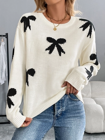 Women's Casual Crew Neck Long Sleeve Sweater With Bowknot Jacquard Knit Loose Soft Pullover For Fall Winter Valentine's Day