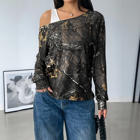 Sexy Off Shoulder Camouflage Print T-shirt met Lange Mouwen voor Dames Fake Two Piece Patchwork Forest Pattern Casual Top