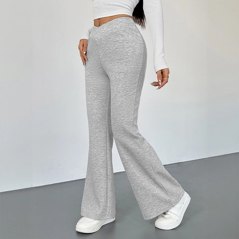 Pantaloni a Zampa Donna Vita a V Incrociata Grigio Melange Casual Alta Elasticità Maglia Snellenti Pantaloni Gamba Larga