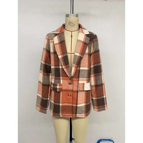 Blazer Donna Retro a Quadri Lunghezza Media Tessuto Spazzolato Collo a Revers Manica Lunga Giacca Casual Con Tasche a Patta