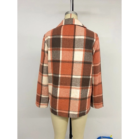 Blazer Donna Retro a Quadri Lunghezza Media Tessuto Spazzolato Collo a Revers Manica Lunga Giacca Casual Con Tasche a Patta