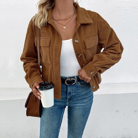 Women's Vintage Brown Corduroy Jacket Long Sleeve Lapel Single Breasted Short Coat With Pockets Casual Outerwear Top