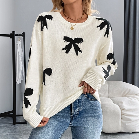Women Casual Acrylic Knit Sweater Bow Knot Jacquard Pattern Round Neck Long Sleeve Pullover Autumn Winter Jumper Top
