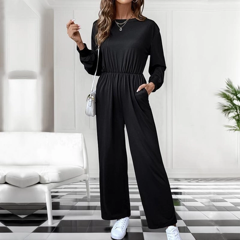 Tuta da Donna Casual Tinta Unita Manica Lunga Girocollo Vita Elastica Schiena Scoperta Fiocco Elegante Gamba Larga