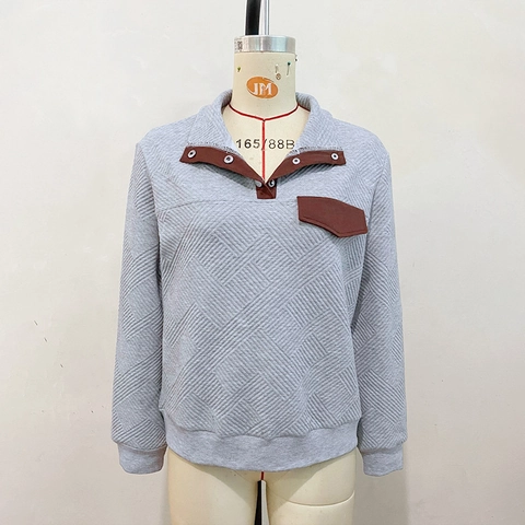 Dames Vintage Getextureerde Pullover Sweatshirt Staande Kraag Knoop Patchwork Lange Mouw Casual Top Met Zak
