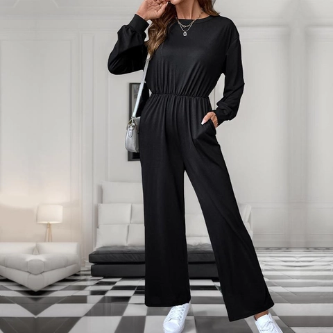 Tuta da Donna Casual Tinta Unita Manica Lunga Girocollo Vita Elastica Schiena Scoperta Fiocco Elegante Gamba Larga
