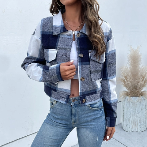Giacca Corta a Quadri Vintage da Donna Collo a Revers Manica Lunga Monopetto Casual Shacket Capispalla Cappotto Moda