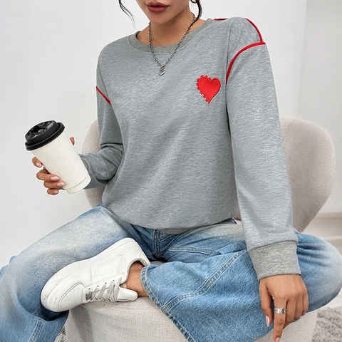 Women Casual Heather Gray Long Sleeve Sweatshirt Heart Embroidery Contrast Piping Round Neck Loose Pullover Top