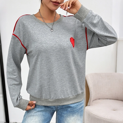 Women Casual Heather Gray Long Sleeve Sweatshirt Heart Embroidery Contrast Piping Round Neck Loose Pullover Top