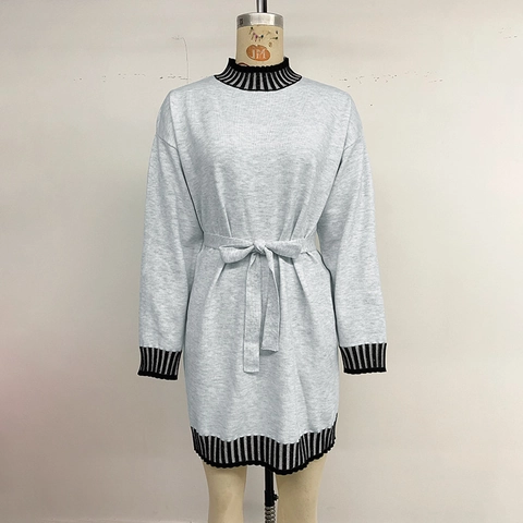 Vestido de Punto a Rayas Casual para Mujer Manga Larga Cuello Alto Cinturón Patchwork Contraste de Color Otoño Invierno Midi
