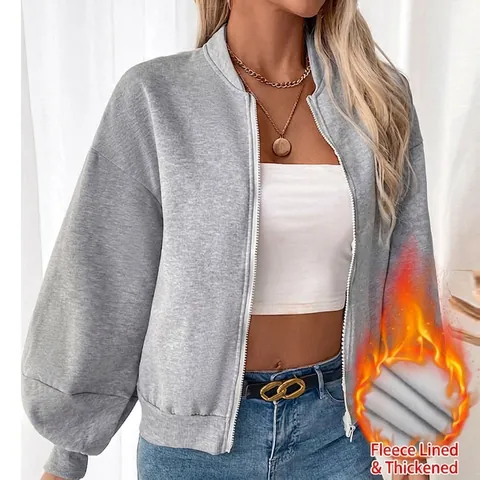 Women's Casual Zip Up Hoodie Jacket Fleece Lined Short Sweatshirt Drop Shoulder Lantern Sleeve Solid Color Warm Outwear