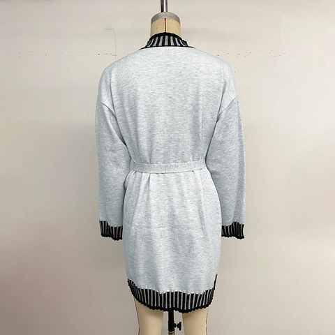 Vestido de Punto a Rayas Casual para Mujer Manga Larga Cuello Alto Cinturón Patchwork Contraste de Color Otoño Invierno Midi