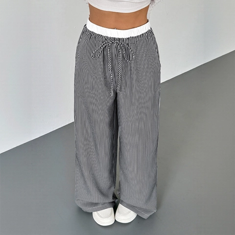Pantaloni a Gamba Larga a Righe da Donna a Vita Alta Coulisse Pantaloni Larghi Morbidi Traspiranti a Righe Verticali Casual