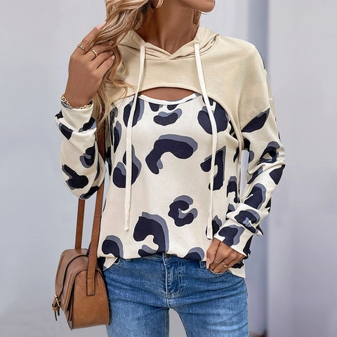 Felpa con Cappuccio Patchwork Leopardata Casual Donna Finto Due Pezzi Intaglio Coulisse Manica Lunga Pullover Felpe Moda Top