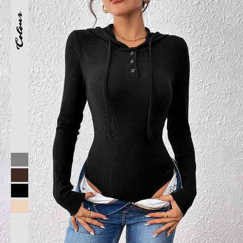 Women Hooded Ribbed Long Sleeve Bodysuit Slim Fit Henley Neck Snap Button Jumpsuit Casual Solid Color Leotard Romper Top