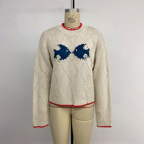 Pull Vintage en Tricot d'Acrylique pour Femme Col Rond Manches Longues Pullover Avec Bordure Contrastée et Motif Poisson