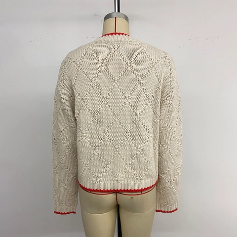 Pull Vintage en Tricot d'Acrylique pour Femme Col Rond Manches Longues Pullover Avec Bordure Contrastée et Motif Poisson