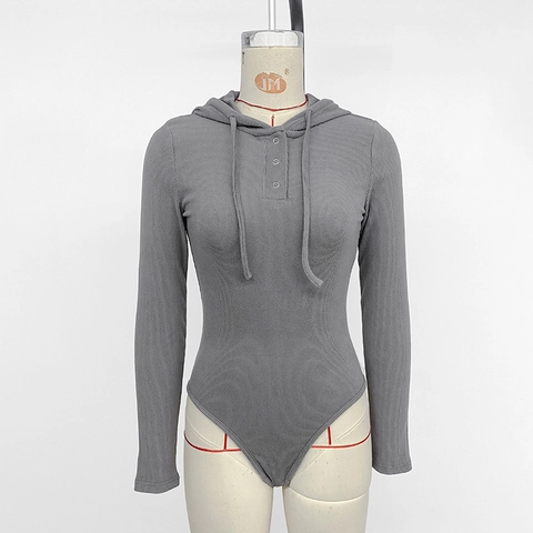 Damen Gerippter Strick Langarm Kapuzen Bodysuit Henley Ausschnitt Knopfleiste Slim Fit Casual Einfarbig Herbst Winter Top