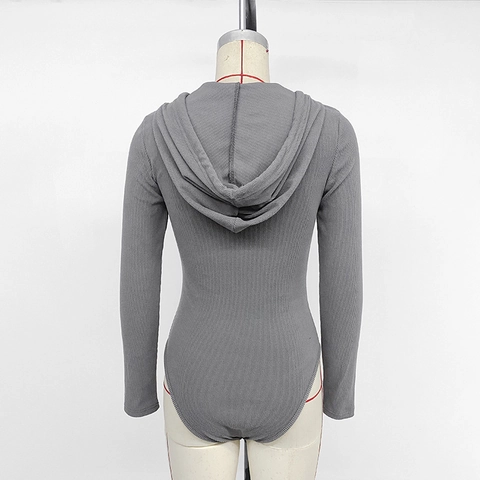 Damen Gerippter Strick Langarm Kapuzen Bodysuit Henley Ausschnitt Knopfleiste Slim Fit Casual Einfarbig Herbst Winter Top