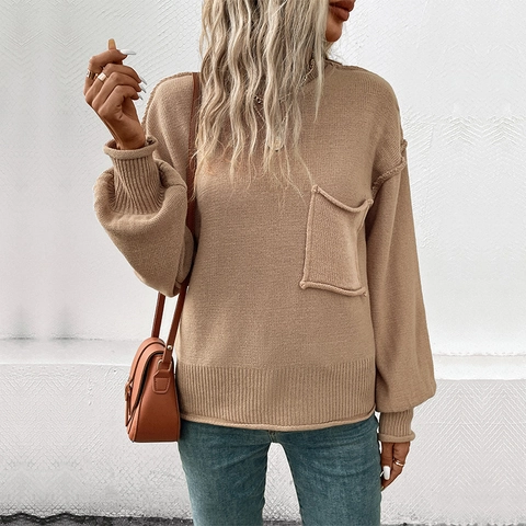Women Casual Knit Sweater Round Neck Long Sleeve Pullover With Chest Pocket Exposed Seams Loose Fashion Autumn Winter Top