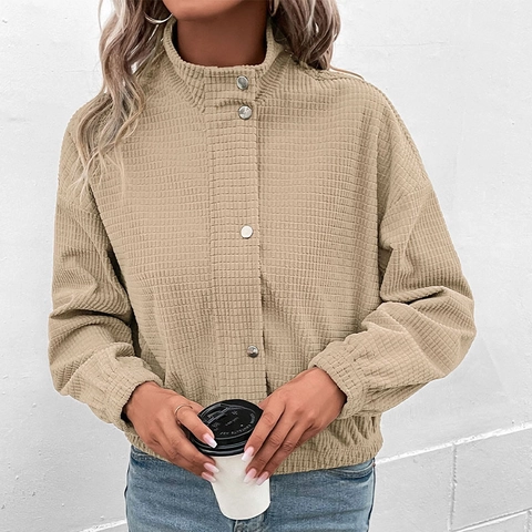 Damen Casual Waffelstrick Cordjacke Stehkragen Reißverschluss Druckknopf Verschluss Kurze Außenbekleidung Herbst Winter Mode Mantel
