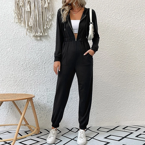 Damen Casual Langarm Jumpsuit mit Kapuze Frontreißverschluss Elastische Taille Jogger Stil Einfarbige Overalls Workwear Kleidung